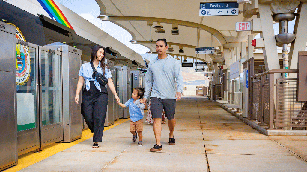 Family walking along a Skyline rail platform