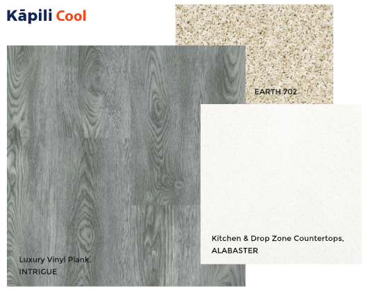 Kāpili Cool finish scheme — Intrigue luxury vinyl plank, Alabaster countertops