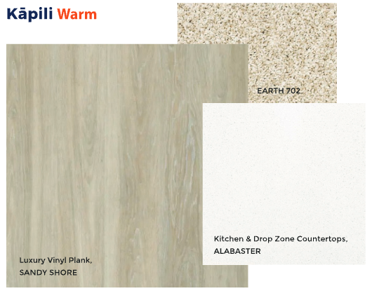 Kāpili Warm finish scheme — Sandy Shore luxury vinyl plank, Alabaster countertops